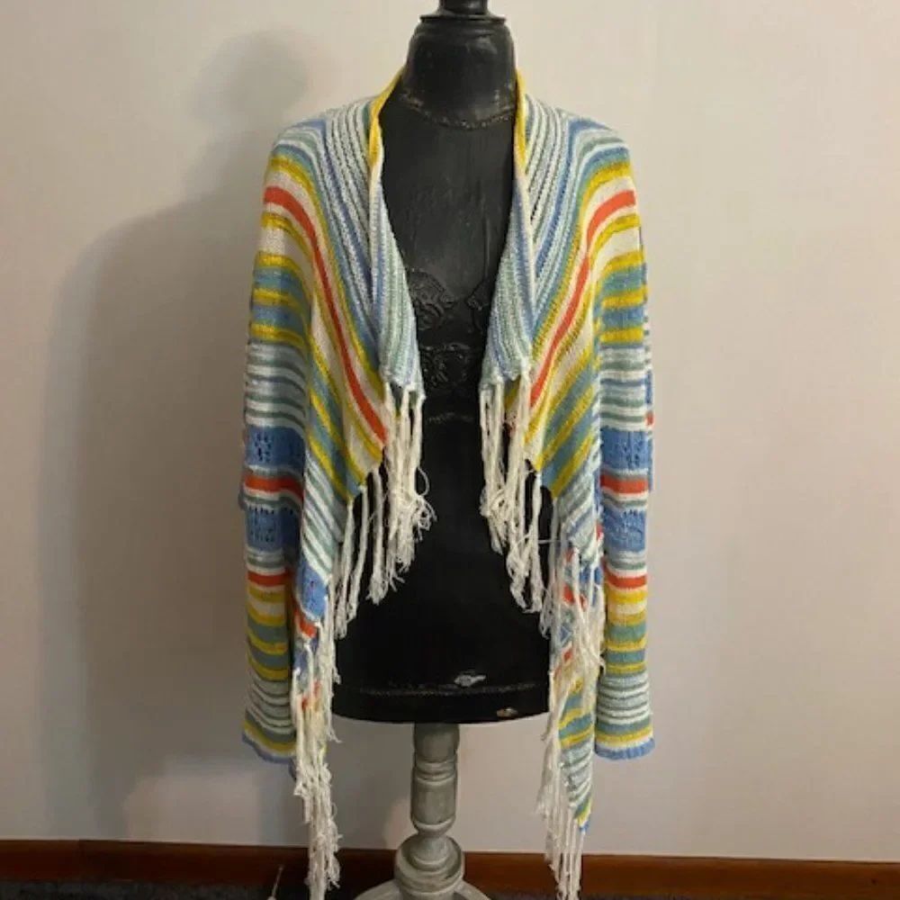 Ruby Red Multi-Color short sleeves Open cardigan with fringes, size 2X
